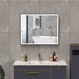 LEO 1000x800 mm taisnstūra LED spogulis ar priekšējo apgaismojumu un melnu matētu alumīnija rāmi