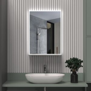 LULA SMART 600×800 mm taisnstūra LED spogulis ar priekšējo apgaismojumu, integrētu plauktiņu un bezvadu lādētāju